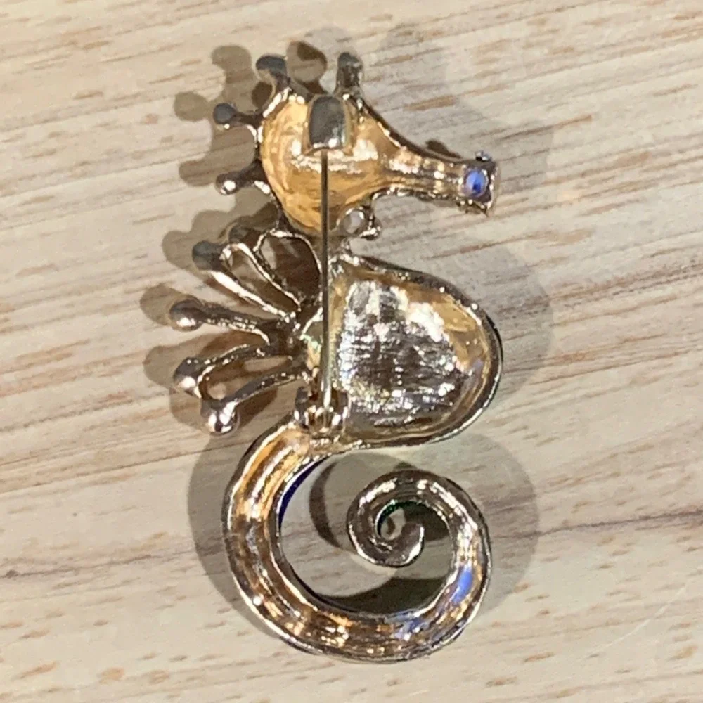 Maximalist Seahorse Brooch Women Blue Green Enamel Abalone Faux Pearl Nautical